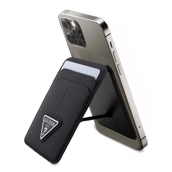 Магнитный бумажник Guess Wallet Cardslot MagSafe PU Saffiano Triangle metal logo. Цвет: черный