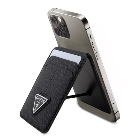 Магнитный бумажник Guess Wallet Cardslot MagSafe PU Saffiano Triangle metal logo. Цвет: черный