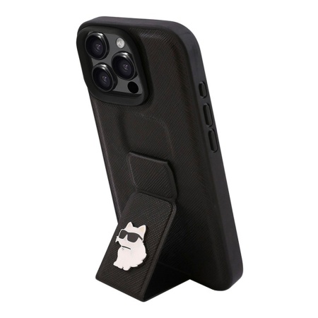 Чехол Lagerfeld GripStand PU Saffiano NFT Choupette metal для iPhone 16 Pro Max. Цвет: черный