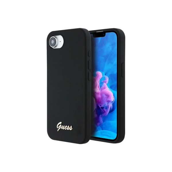 Чехол Guess Liquid silicone Gold metal logo & Camera frame для iPhone 16e/17e. Цвет: черный
