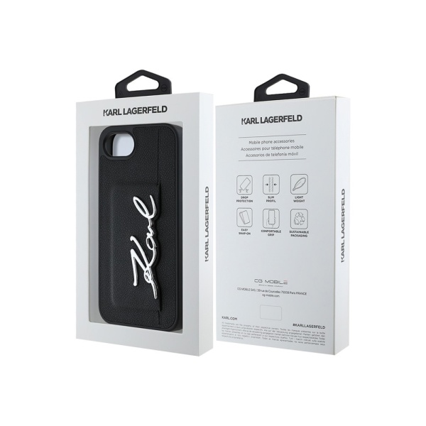 Чехол Lagerfeld Cardslot PU Grained leather Metal Signature для iPhone 16e/17e. Цвет: черный