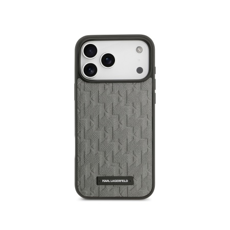 Чехол Lagerfeld PU Saffiano Monogram Metal Plate logo для iPhone 17 Pro Max. Цвет: серый