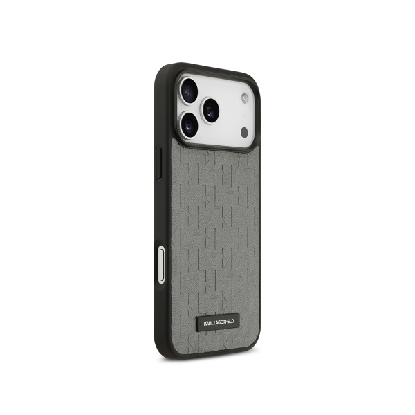 Чехол Lagerfeld PU Saffiano Monogram Metal Plate logo для iPhone 17 Pro Max. Цвет: серый