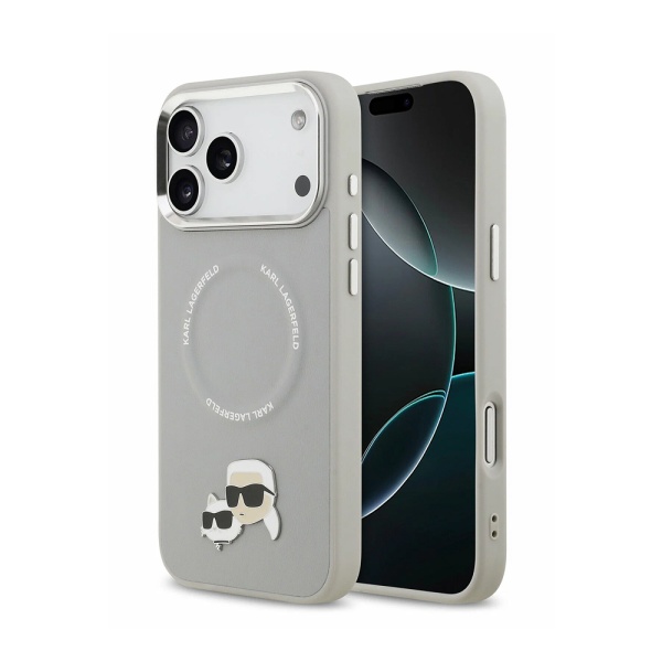 Чехол Lagerfeld PU NFT Karl & Choup heads Metal pin & Cam для iPhone 17 Pro Max. Цвет: серый