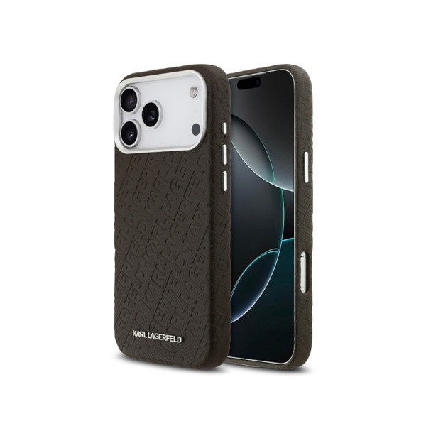 Чехол Lagerfeld PU Full Wrapped Repeated logo Metal Cam для iPhone 17 Pro. Цвет: коричневый