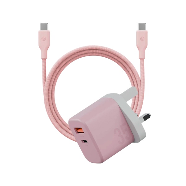 Адаптер питания EnergEA Bazic GoPort Velox Kit GaN35, USB-C+USB-A +кабель Weave. Цвет: розовый