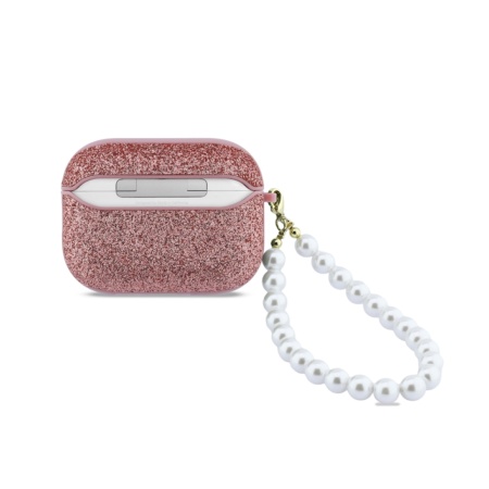 Чехол Guess Glitter flakes Metal logo with Pearl hand strap для AirPods Pro 3. Цвет: розовый