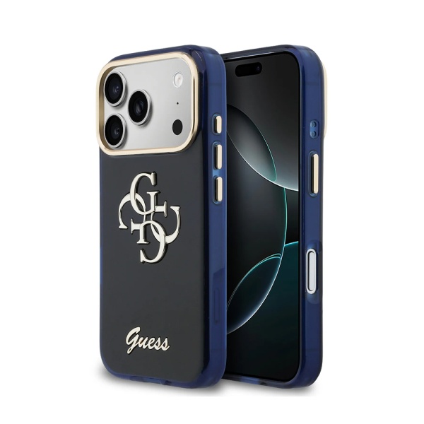 Чехол Guess IML 4G Big metal and Script logo Metal cam Hard Blue для iPhone 17 Pro. Цвет: синий