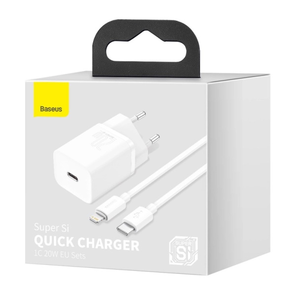 Адаптер питания Baseus Super Si Quick Charger 1C 20 Вт + кабель Type-C - Lightning 1м. Цвет: белый