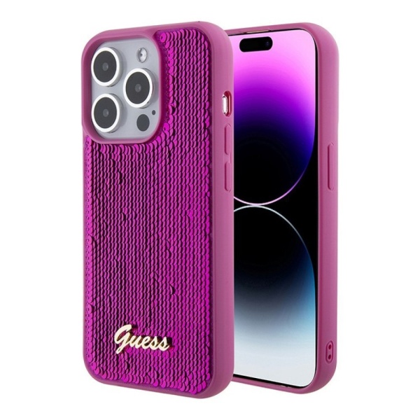 Чехол Guess Sequins Script metal logo Hard для iPhone 15 Pro. Цвет: фуксия