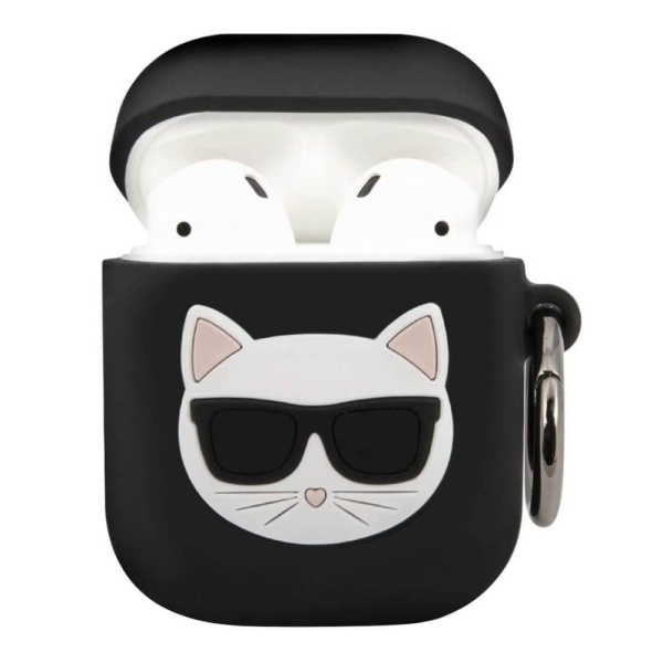 Чехол Lagerfeld Choupette для AirPods, силиконовый с кольцом. Цвет: черный