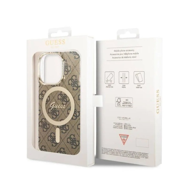 Чехол Guess PC/TPU 4G Hard MagSafe для iPhone 15 Pro Max. Цвет: коричневый/золотой