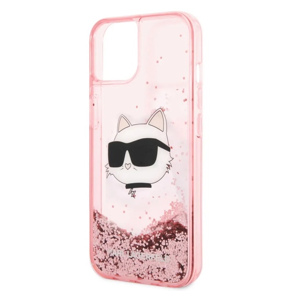 Чехол Lagerfeld для iPhone 15 Liquid Glitter NFT Choupette head Hard. Цвет: розовый